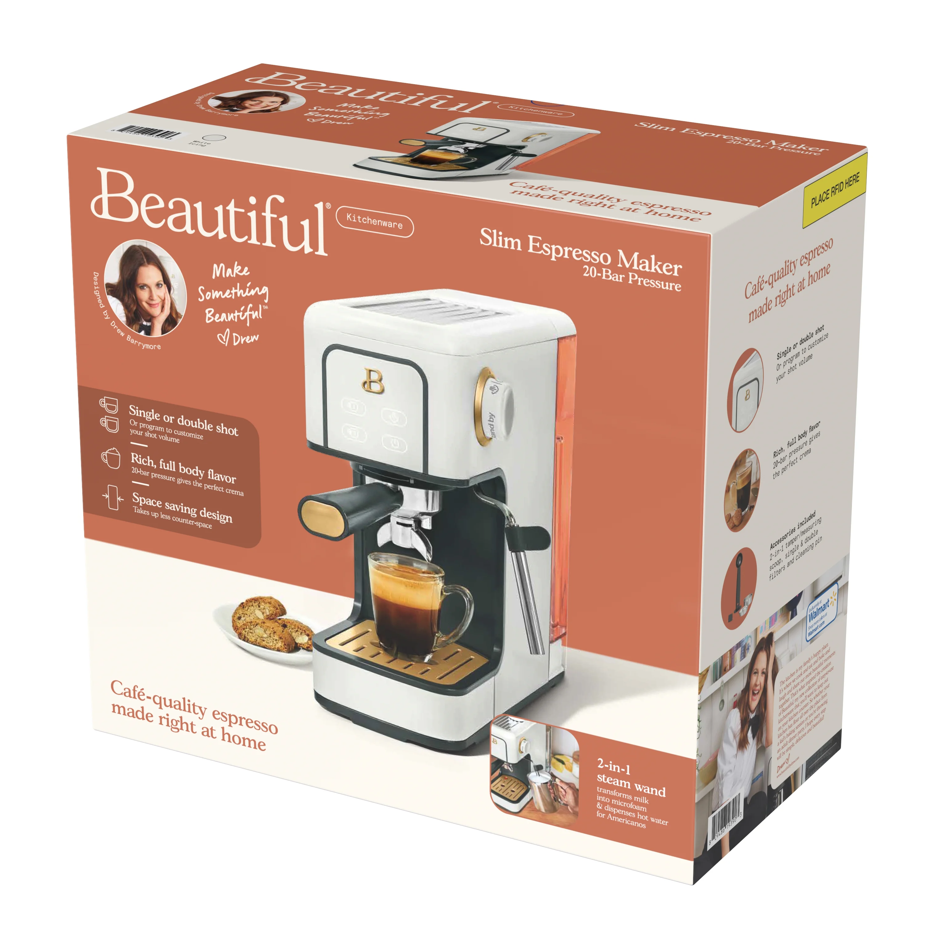 Beautiful Slim Espresso Maker with 20-Bar Pressure, White Icing by Drew Barrymore