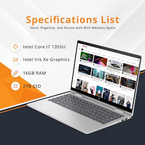 HP Envy 2-in-1 14" Full HD Touch-Screen Laptop, 8GB RAM, 512GB SSD, Intel Core i5 1335U, Intel Iris Xe Graphics, Fast Charge, Fingerprint, Backlit KB