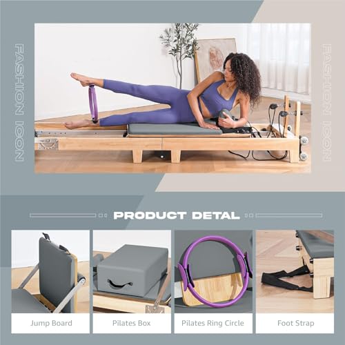 Pilates Reformer Machine, Quick-Assembly Foldable Studio Grade Pilates Equipment for Gym and Home, Oak Wood Pilates Reformer with Reformer Accessories