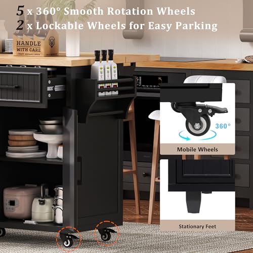 Kitchen Island with Drop Leaf & Power Outlet, Rolling Kitchen Islands Cart with 5 Open Storage Shelves & Towel Rack