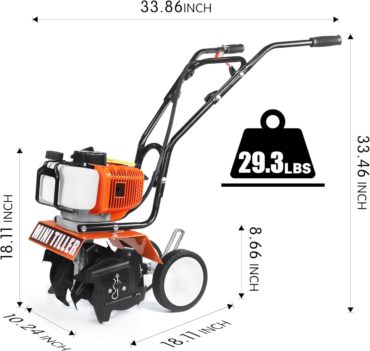 NEOTEC Mini Tiller Cultivator, 52cc 2 Stroke Gas Powered 4 Premium Steel Adjustable Forward Rotating Tines