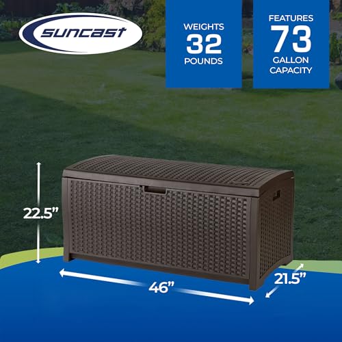 Suncast Outdoor Storage Box - 73 Gallon Mocha Brown Deck Box for Patio, Waterproof Outdoor Storage Bench, Resin Wicker Style, Heavy-Duty