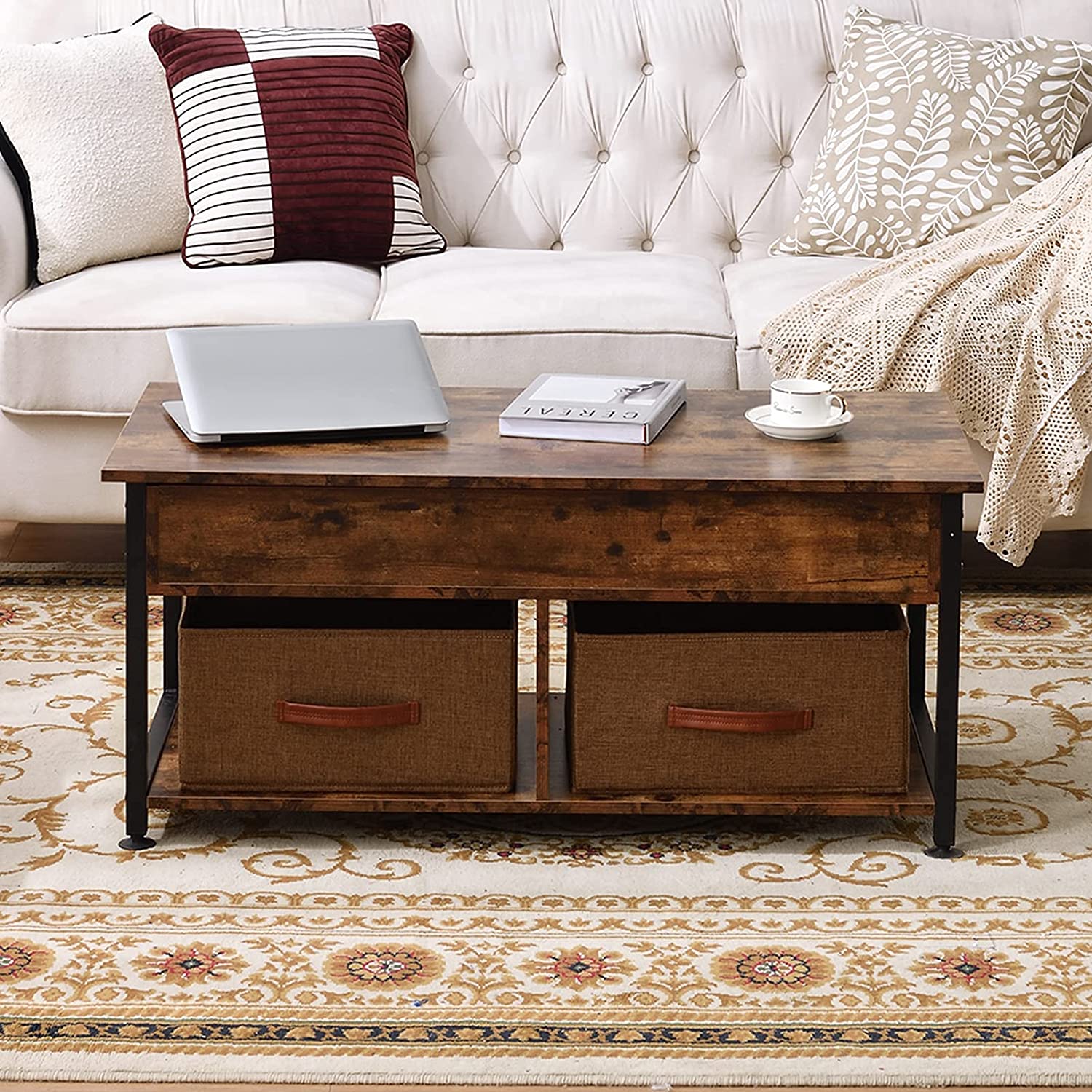 Lift Top Coffee Table, Coffee Table with 2 Storage Boxes & Hidden Compartment, Center Table for Living Room, with Storage Shelf and Metal Frame