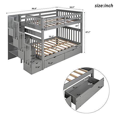 Harper & Bright Designs Stairway Twin Over Twin/Full Bunk Bed with Twin Size Trundle and Drawers
