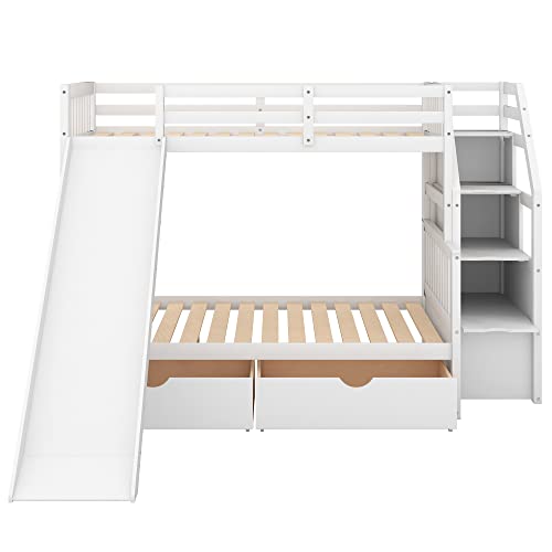 Harper & Bright Designs Bunk Beds Twin Over Full Size, Bunk Bed with Trundle,Storage Shelf and Stairway