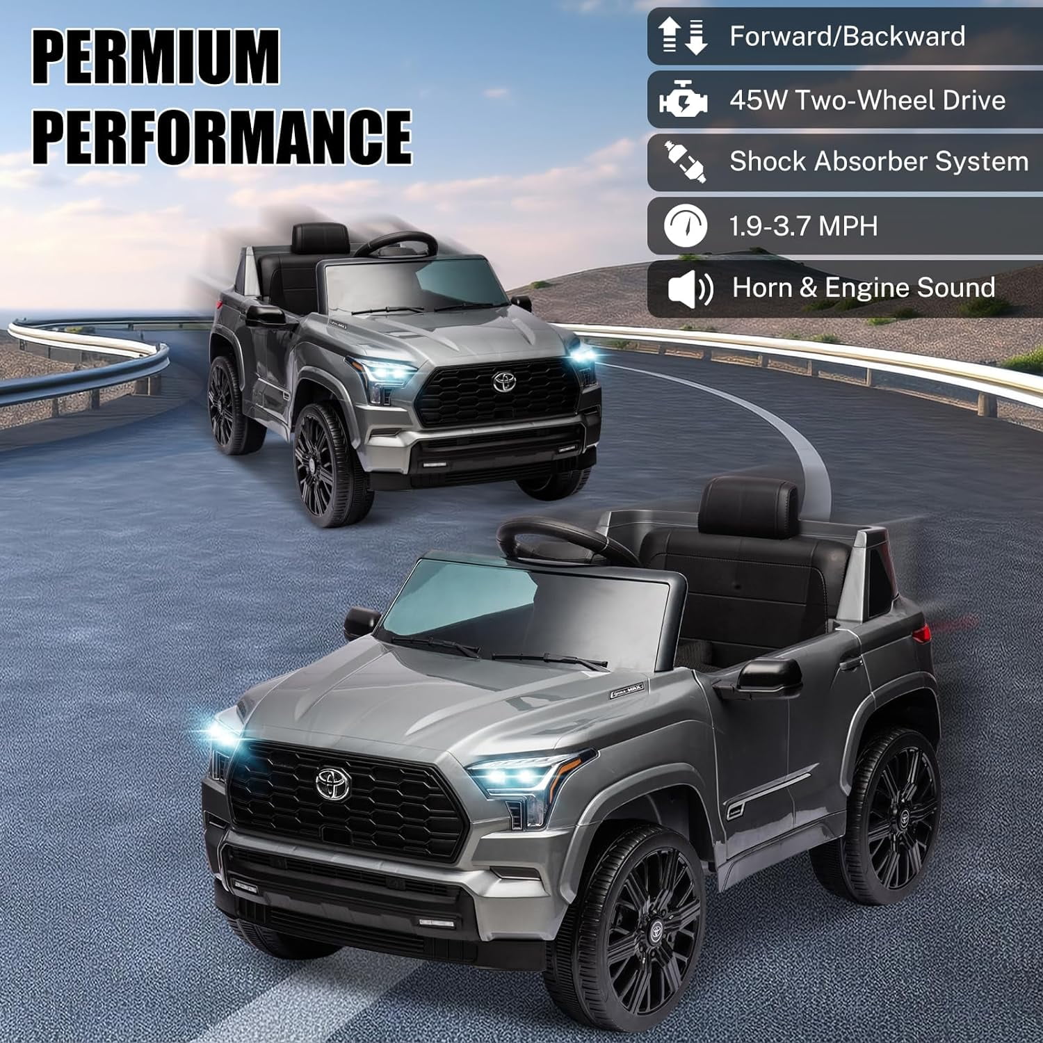 Toyota Sequoia Pickup 12V 7A Ride-On Cars with Remote Control, Battery Powered Ride-On Toys for Kids w/LED Light, 3 Speeds, Music, Horn, Bluetooth