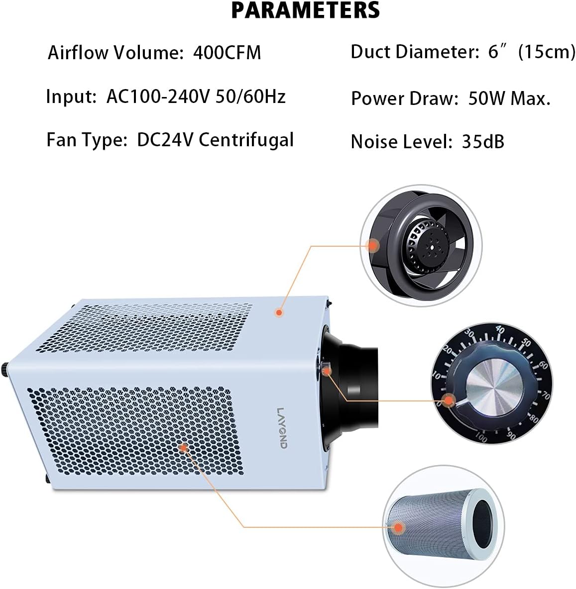 LAYOND Packages Updated Version 6” Inline Duct Fan for Grow Tent Ventilation, 400CFM Super Quiet Carbon Filter Exhaust Fan Kit