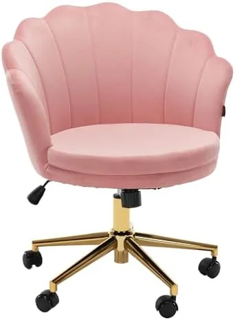 RUNFAYBIU Velvet Swivel Vanity Chair with High Backrest  Chair Upholstered Desk Chair with Wheels Adjustable Seashell Back Home Office Chair for