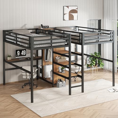 Twin Size Double Loft Bed with Desks, Heavy Duty Metal Loft Bed Frame with Charging Station, Wardrobe & Storage Shelves, Noise Reduced