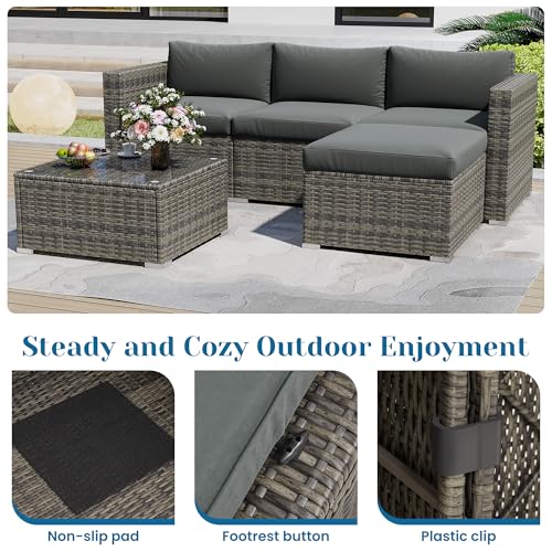7 Pieces Outdoor Patio Furniture Sets with Glass Tea Table, PE Rattan Wicker Patio Conversation Set with Washable Cushions