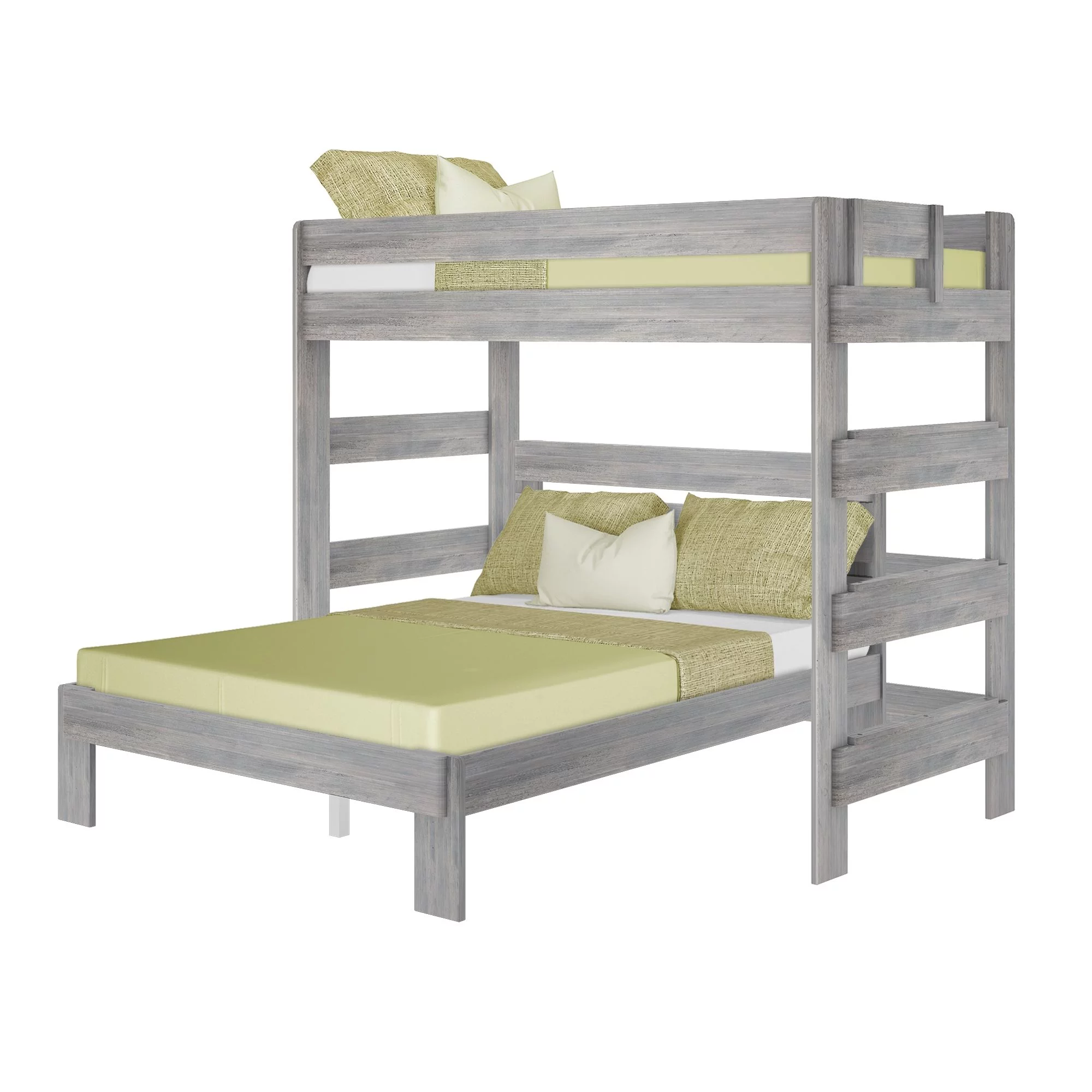 Max & Lily Solid Wood Loft Bed, Modern Farmhouse L-Shaped Twin over Queen Bed Frame for Kids, Driftwood