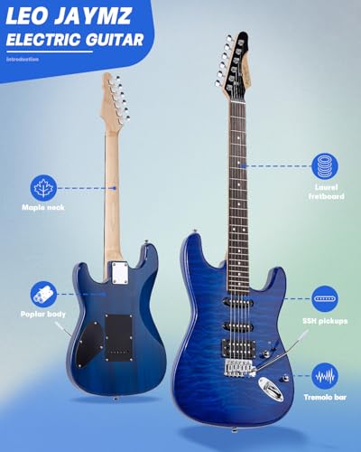 Leo Jaymz 39" Full Size ST Style Electric Guitar Starter Kit with SSH Pickup, 5W Portable Amp, Tuner, Gig Bag, Strap & Accessories (Violet Ocean)