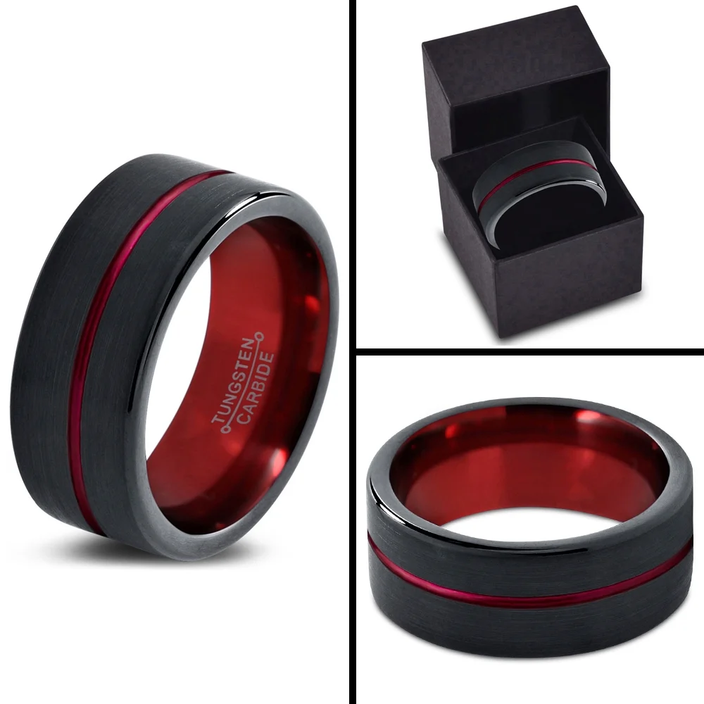 Tungsten Wedding Band Ring 10mm for Men Women Red Black Pipe Cut Brushed Polished Lifetime Guarantee