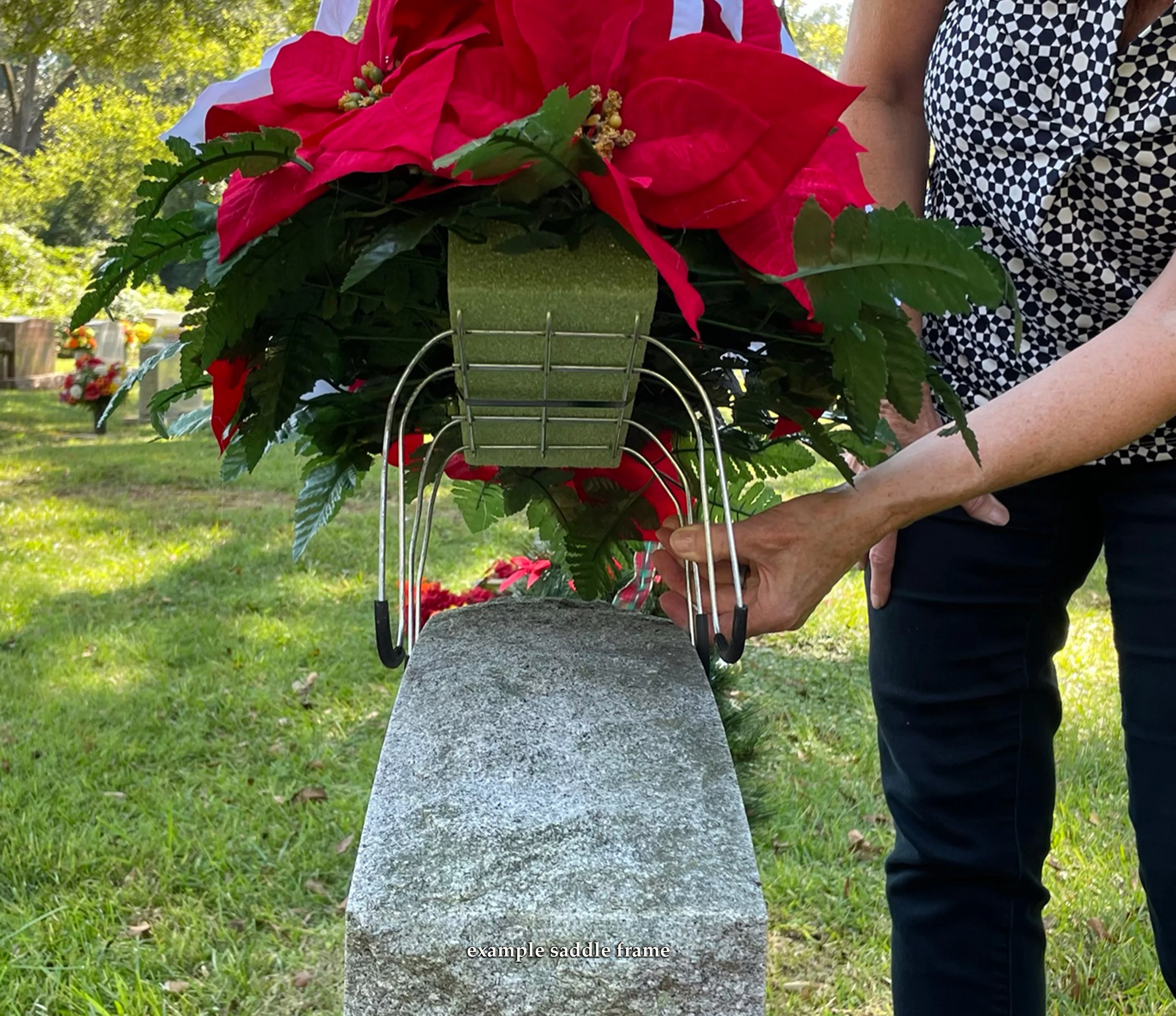 Sympathy Silks Artificial Cemetery Flowers 30" White Calla Lily/Daisy & Red Rose cemetery saddle