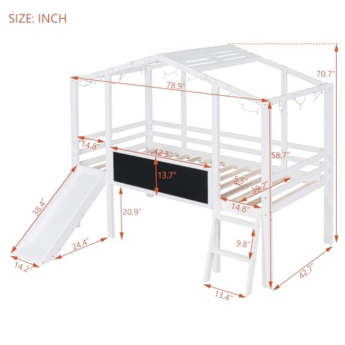 Harper & Bright Designs Kids Twin Low Loft Bed with Slide and Storage Shelves, Wood Playhouse Loft Bed Frame with a Tent & Stairs