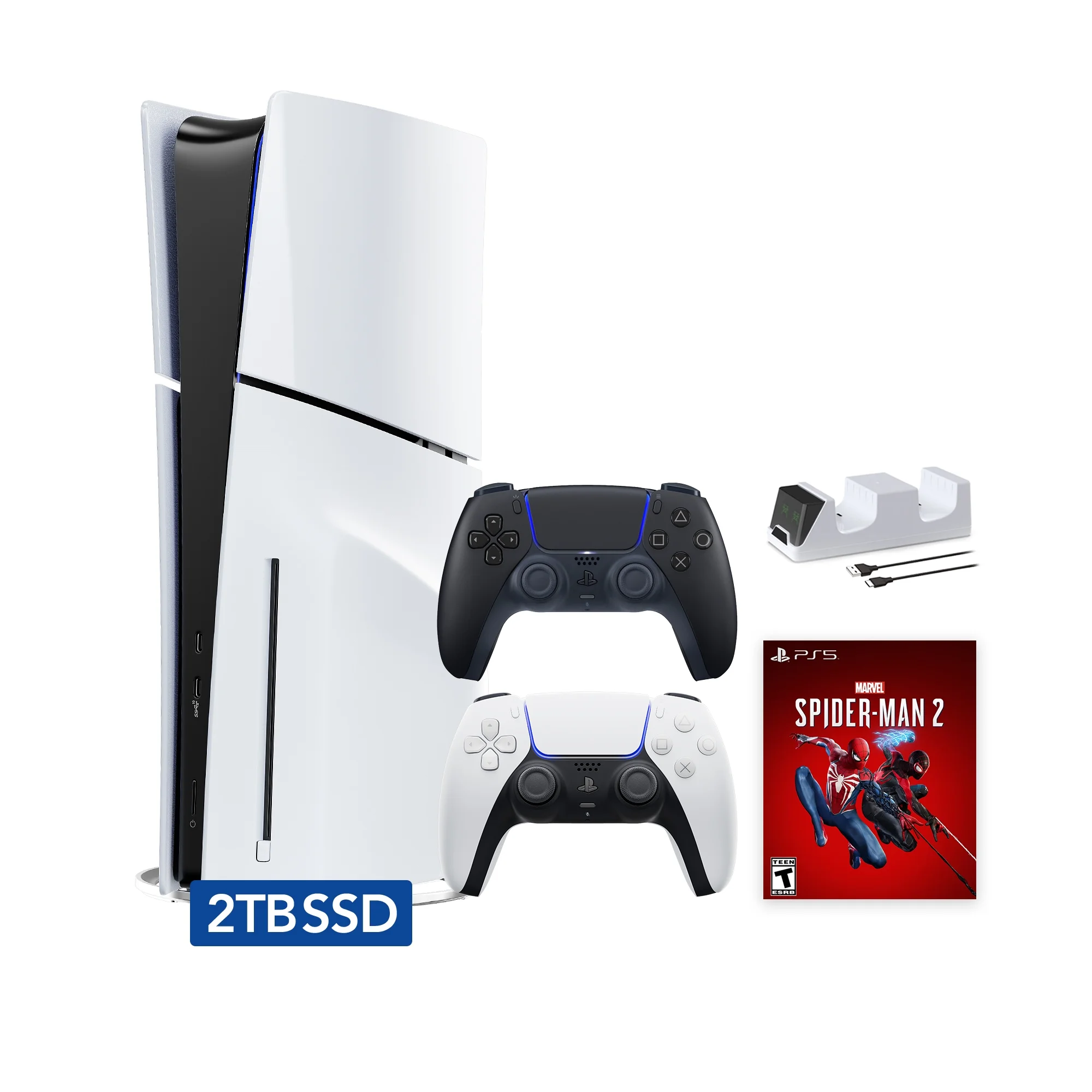 PlayStation 5 Slim Disc 2TB SSD Edition Marvel's Spider-Man 2 Bundle with Two Controllers White and Midnight Black DualSense and Mytrix Dual