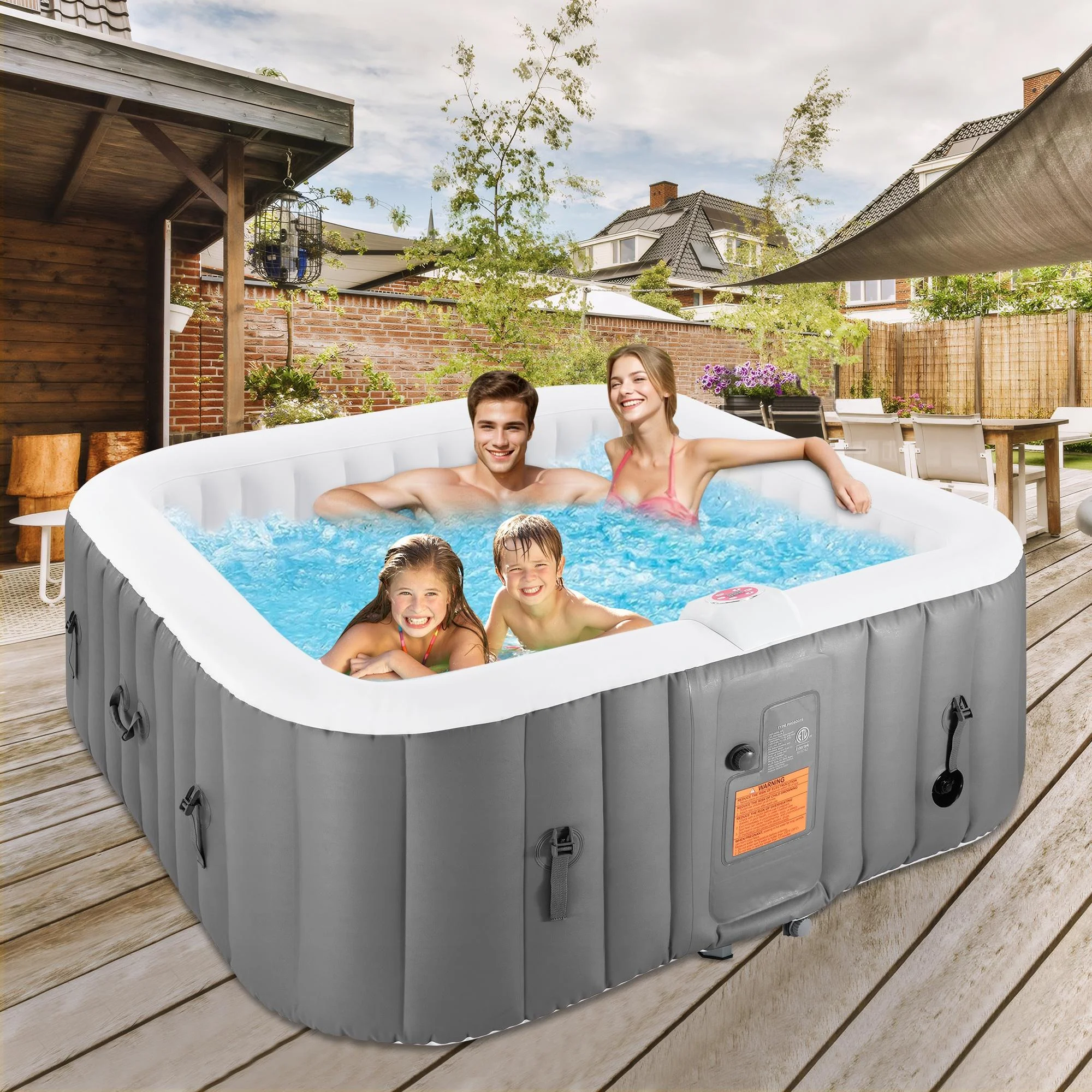 73 Inch 4-6 Person Inflatable Hot Tub Spa with Control Panel, Outdoor Portable Hottub with 130 Jets, Insulated Tub Cover and Floor Protector, Gray