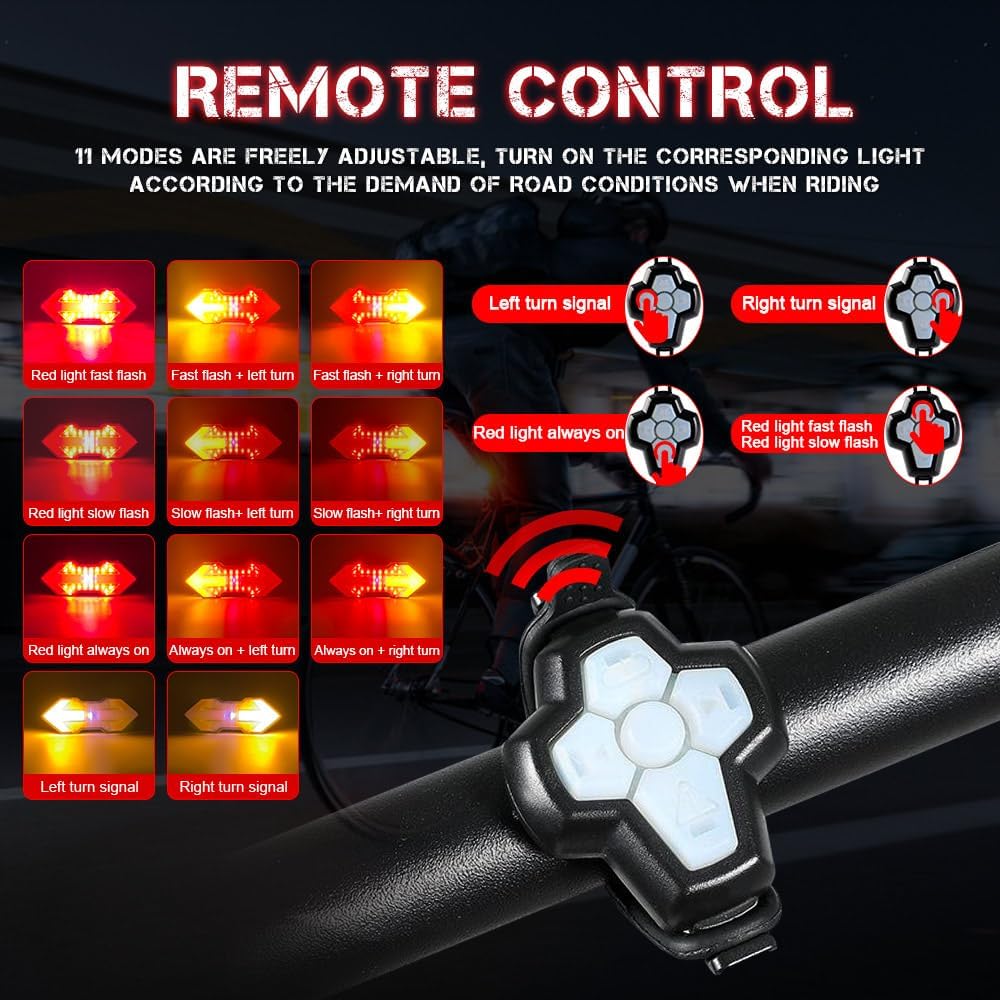Bike Tail Light with Turn Signals, USB Rechargeable Wireless Remote Control-11 Modes Bright LED Rear Bicycle Light