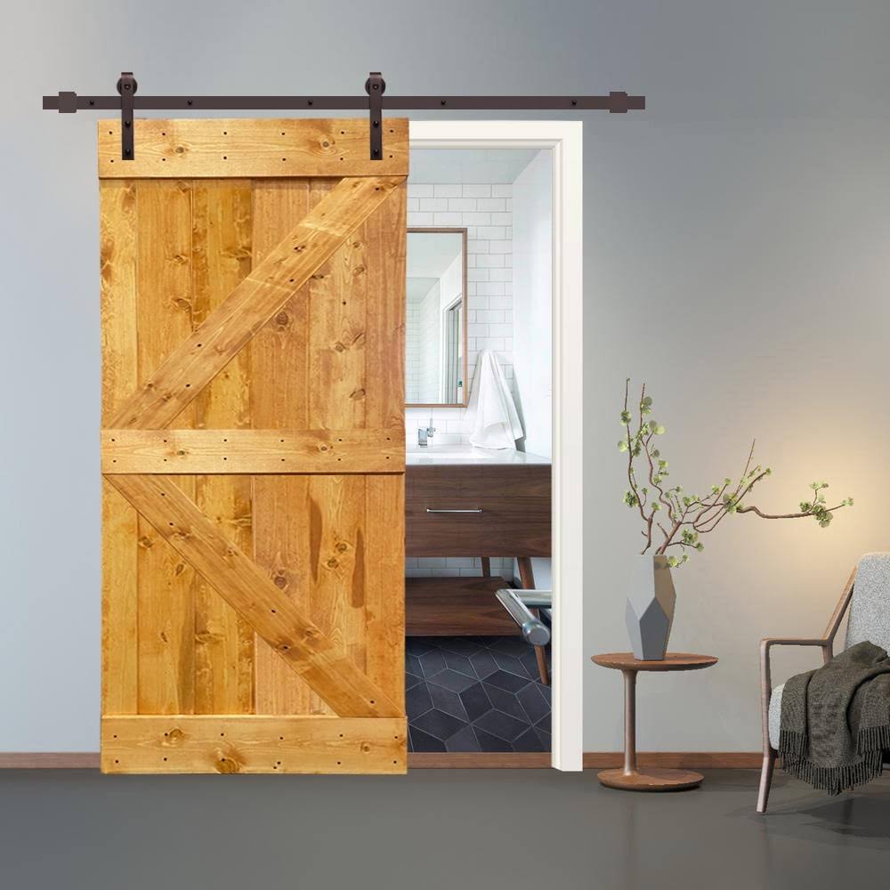 CALHOME K Series 36 in. x 84 in. Pre-Assembled Colonial Maple Stained Wood Interior Sliding Barn Door with Hardware Kit