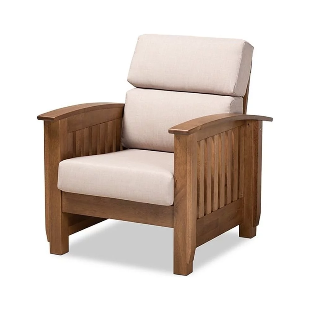 Charlotte Modern Classic Mission Style Taupe Fabric Upholstered  Wood 1-Seater Lounge Chair