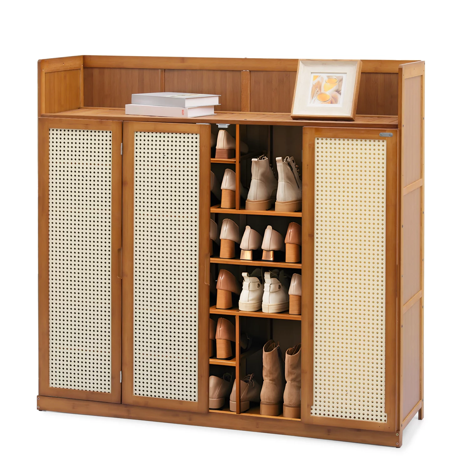 Magshion Bamboo 30 Pairs Shoe Cabinet, 7-Tier Entryway Shoe Storage Cabinet with Folding Rattan Doors and Boots Compartments