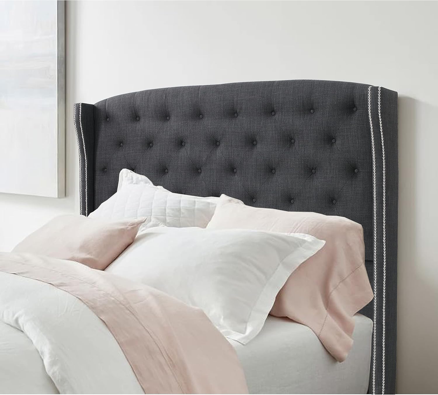 Rosevera Louis Linen Upholstered Wingback Headboard with Double Nailhead Trimming and Button Tufting for Bedroom, Full, Charcoal