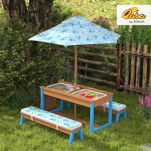 Qaba Kids Picnic Table, Wooden Table and Bench Set with Foldable Umbrella, Removable Cushions & Boxes