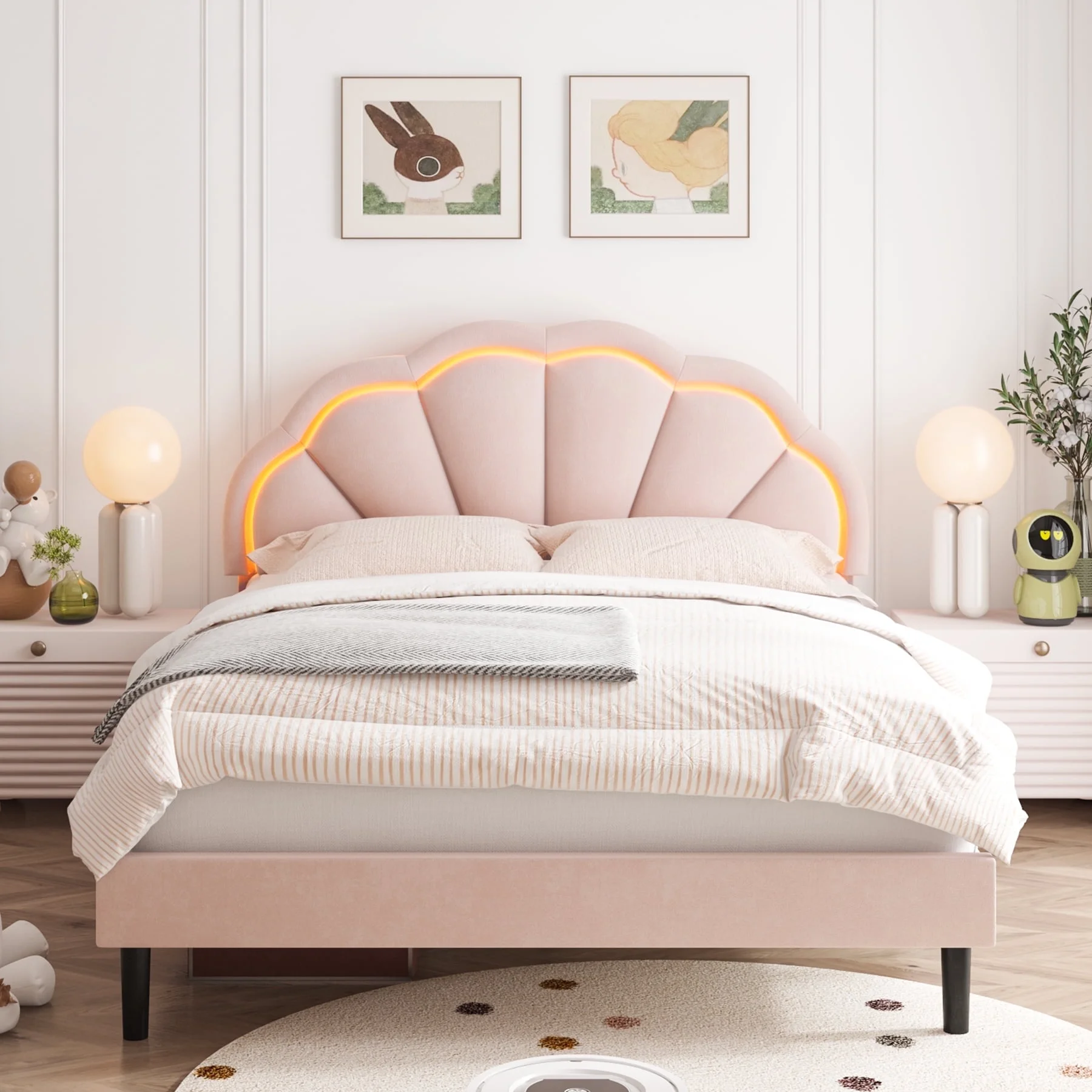 Homfa LED Bed Frame, Twin Size Velvet Upholstered Platform Bed with Adjustable Headboard, Lights Seashell Bed for Kids Girls, Off-White
