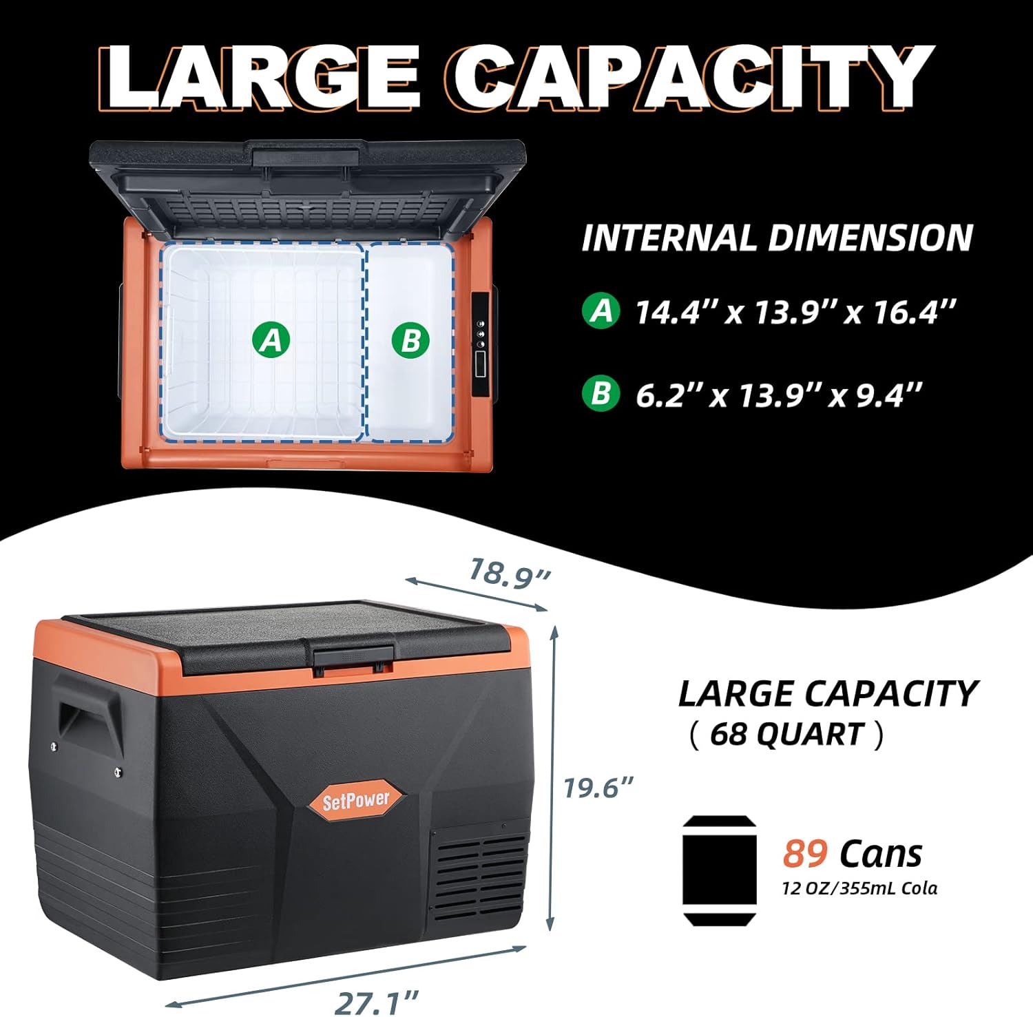 SetPower TC65 12 Volt Refrigerator, Car Refrigerator, Portable Refrigerator, Portable Freezer Fridge, Electric Cooler