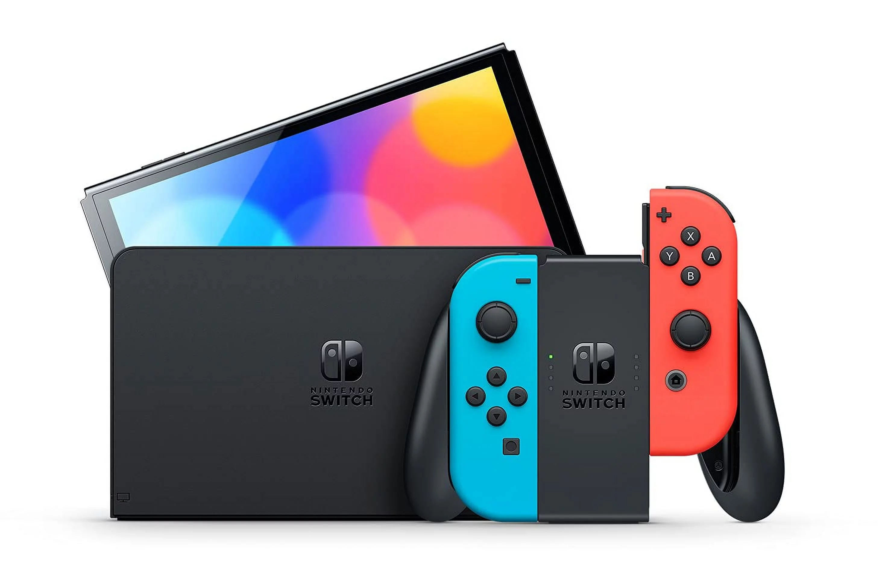 Nintendo Switch OLED Neon Red/Blue Edition + Mario Kart 8 Deluxe + Sentriq Racing Wheel Two Pack Joy Con Attachments - Japan Import with US Plug