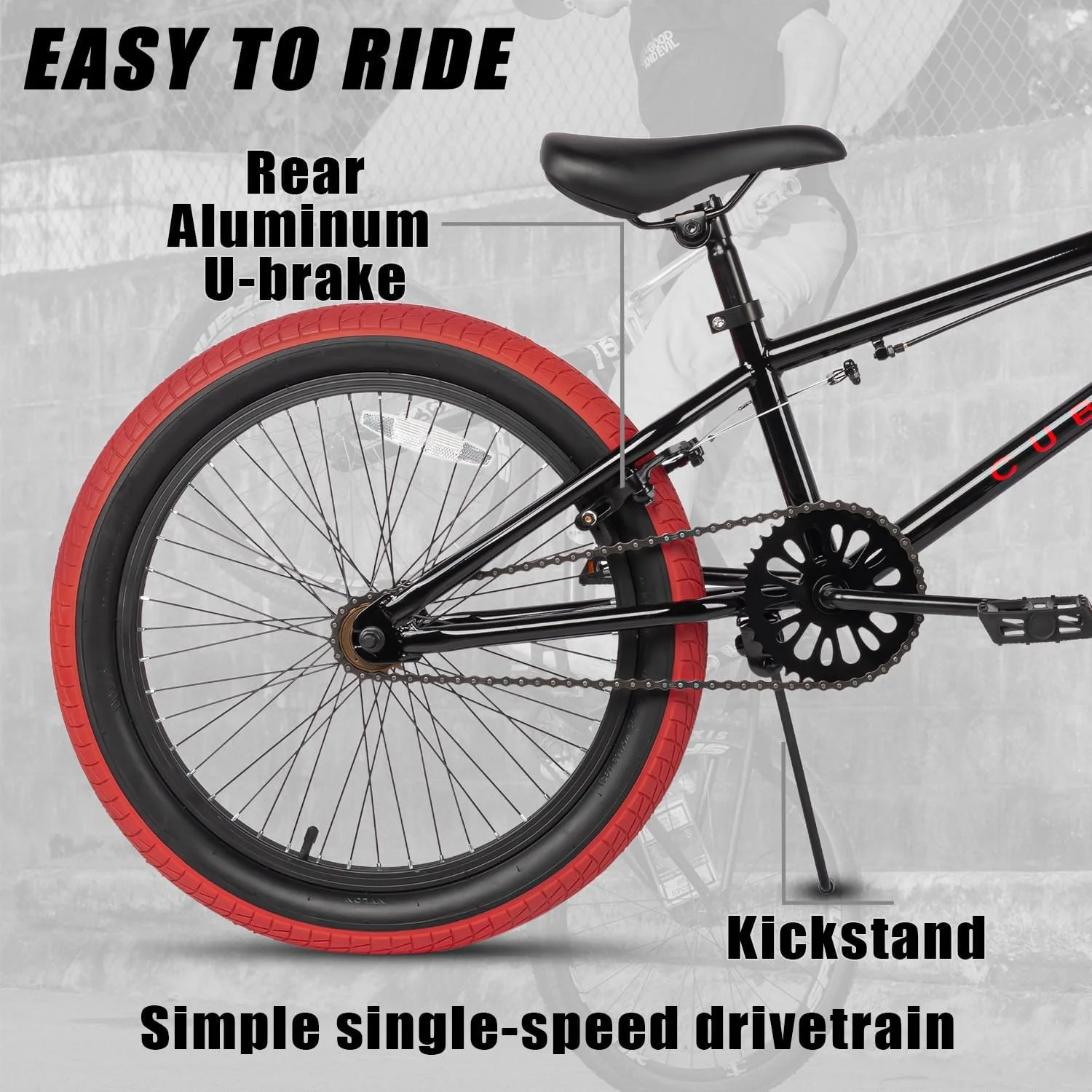 cubsala 20 in Freestyle BMX Kids Bike for Age 6-14 Years Old Boys Girls ,Black with Red Tires