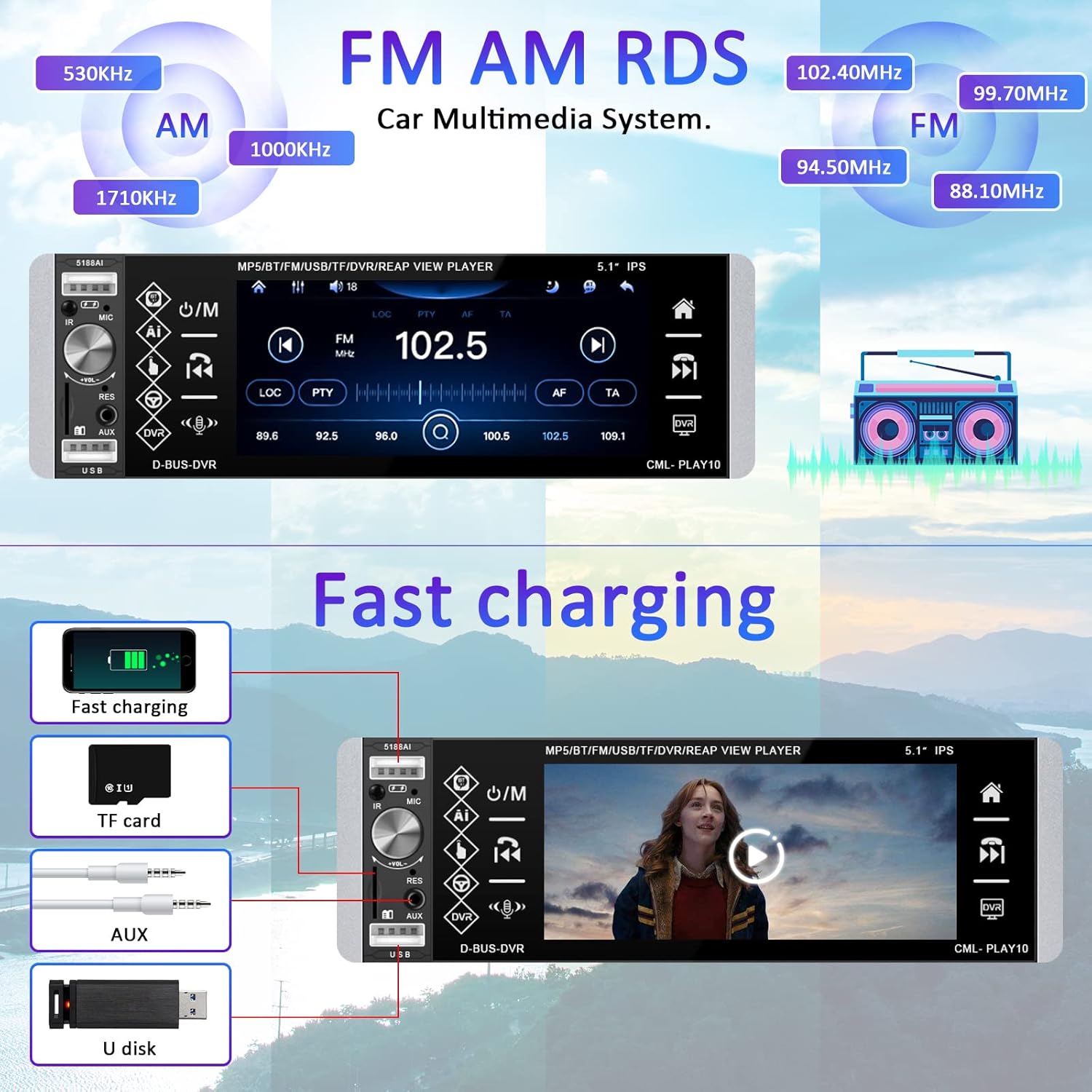 5.1 Inch HD Single Din Touchscreen Car Stereo with Voice Control, FM AM RDS Audio Receivers Bluetooth Car Radio with Backup Camera, Remote, SWC, MIC