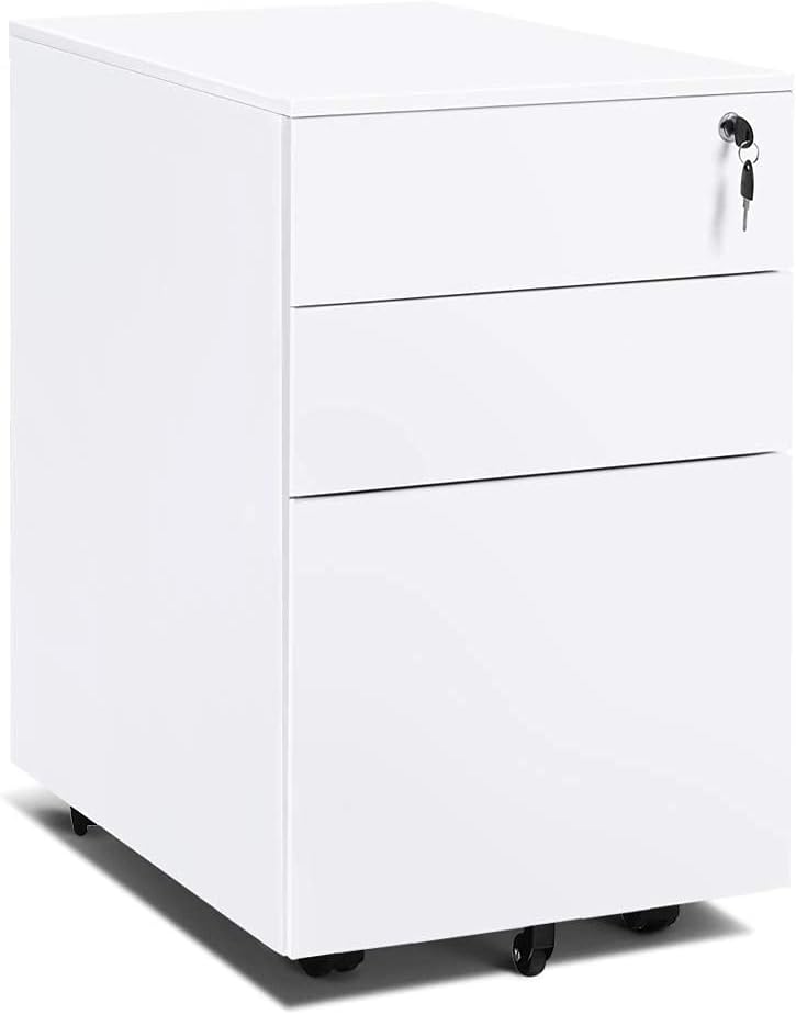 INTERGREAT Black Mobile Filing Cabinet 3 Drawer File Cabinet with Lock Modern Design Metal File Cabinet Wheels Assembled for Office