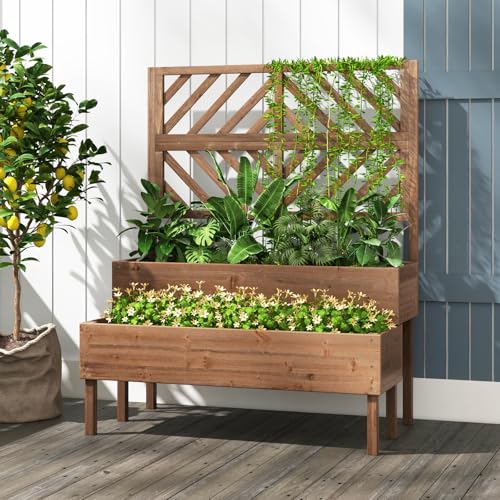 Raised Garden Bed with Trellis & 2 Planter Boxes, 2-Tier Outdoor Wooden Elevated Planter Box with Legs & Drainage Holes