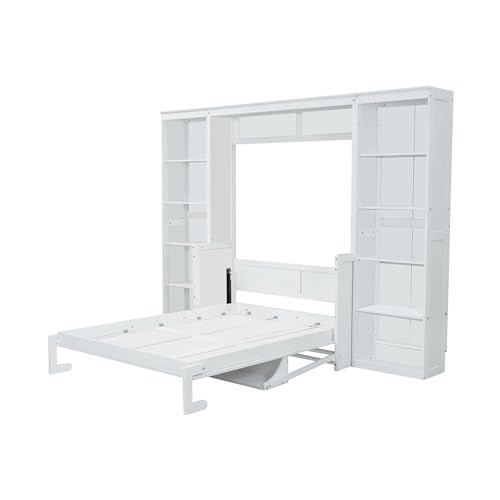 SOFTSEA Full Size Murphy Bed with Desk and Shelves, 110" Solid Folable Platform Bed with Double Storage Cabinets