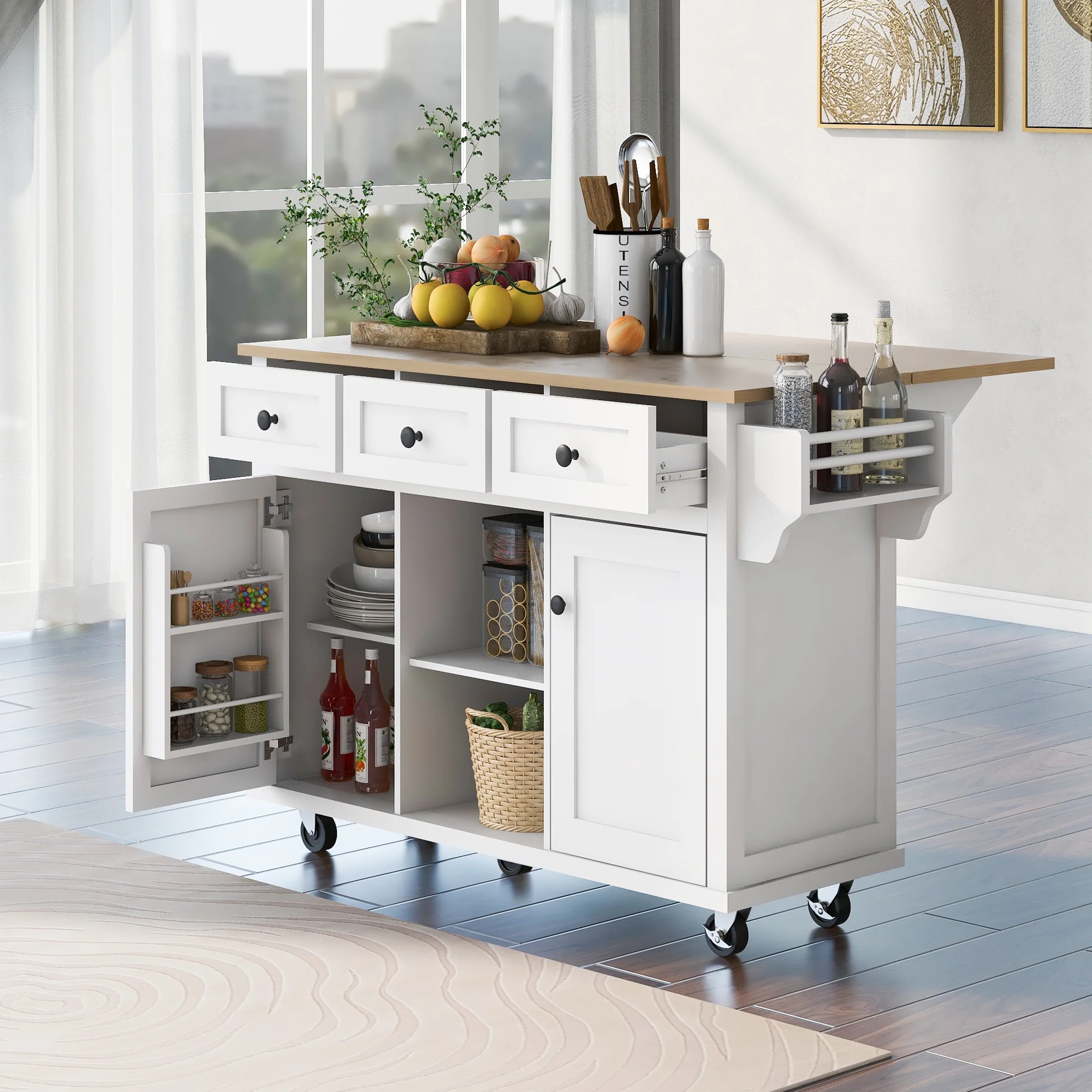 EUROCO 53.1" Kitchen Islands with Storage, Kitchen Island Cart with Rubber Wood Drop Leaf,Cabinet door internal storage racks,5 Wheels,3 Drawers,White