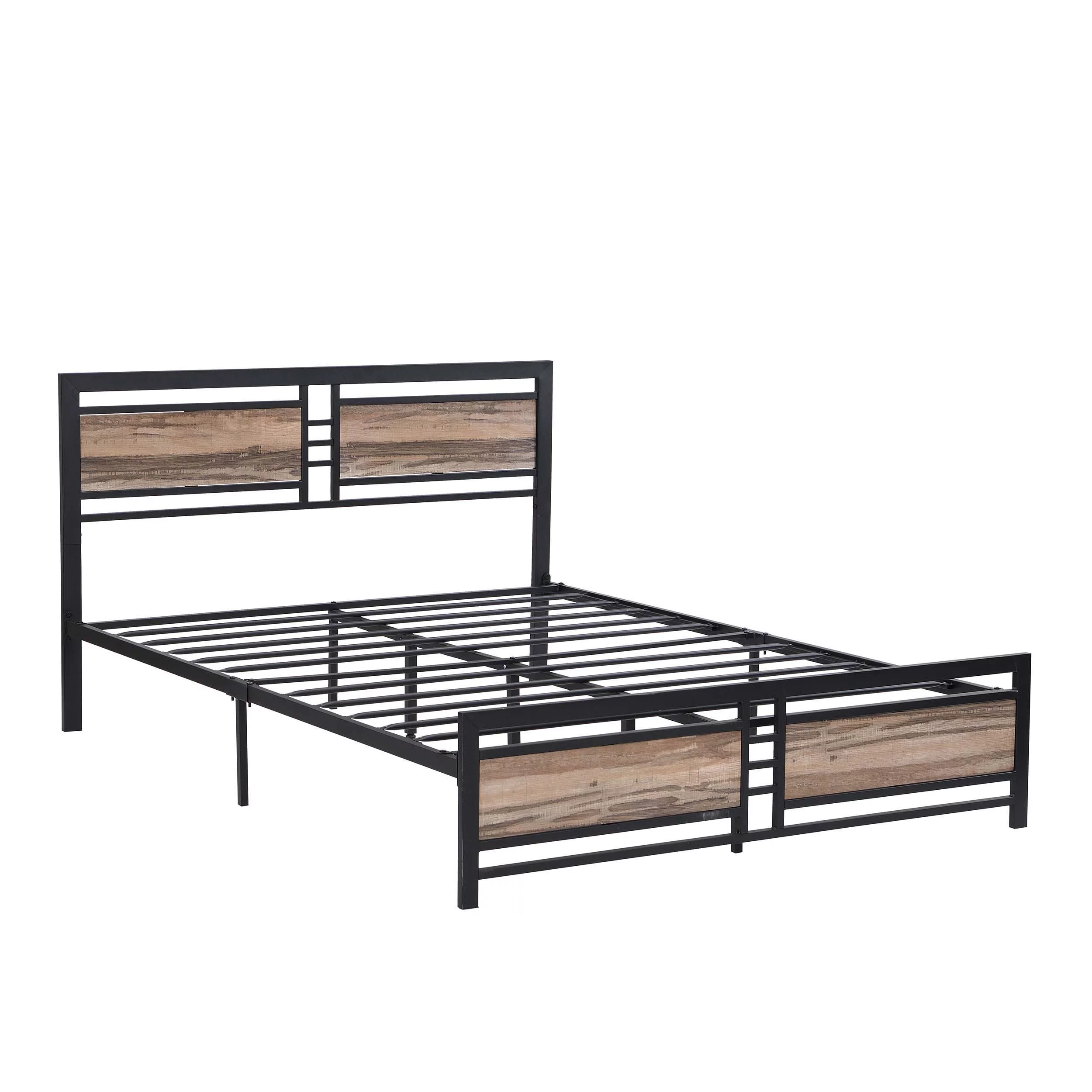 Queen Size Metal Platform Bed Frame with Wood Headboard and Footboard, Heavy Duty Mattress Foundation with Slat Support, Easy to Assemble
