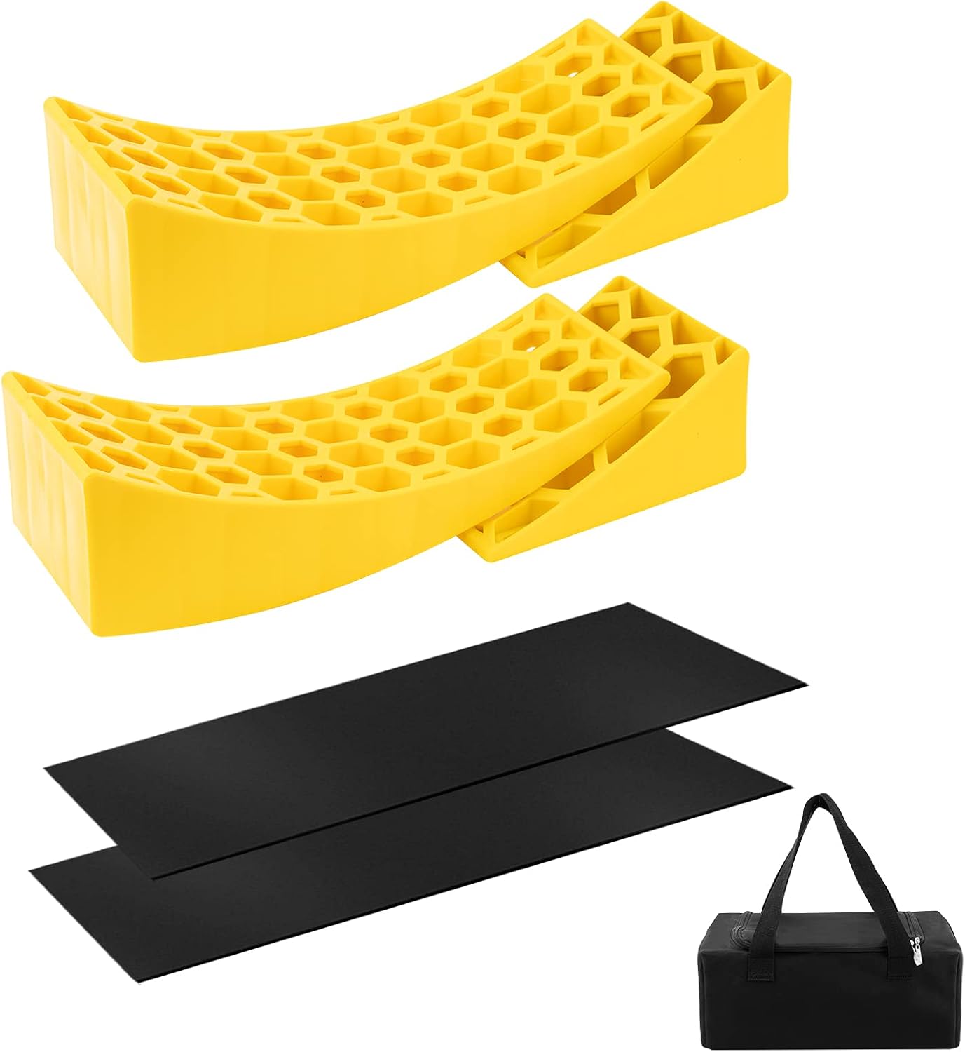 2-Pack Camper Leveler Kit- Heavy Duty RV Levelers RV Leveling Blocks Includes 2 Curved Levelers 2 Wheel Chocks 2 Anti-Slip Rubber Grip Mats for RV