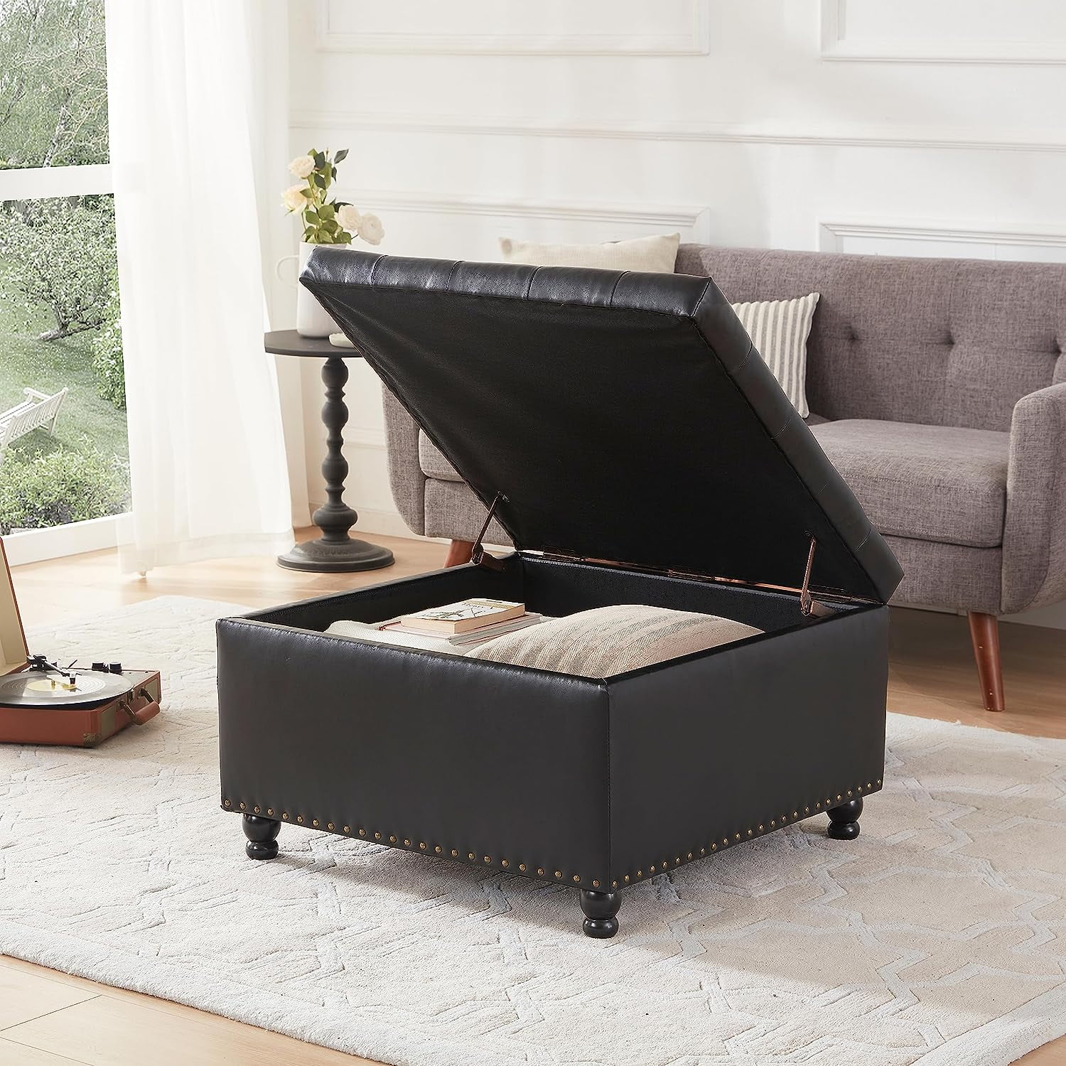 Large Square Storage Ottoman Bench, Tufted Coffee Table Ottoman with Storage, Oversized Storage Ottomans Toy Box Footrest for Living Room, Black