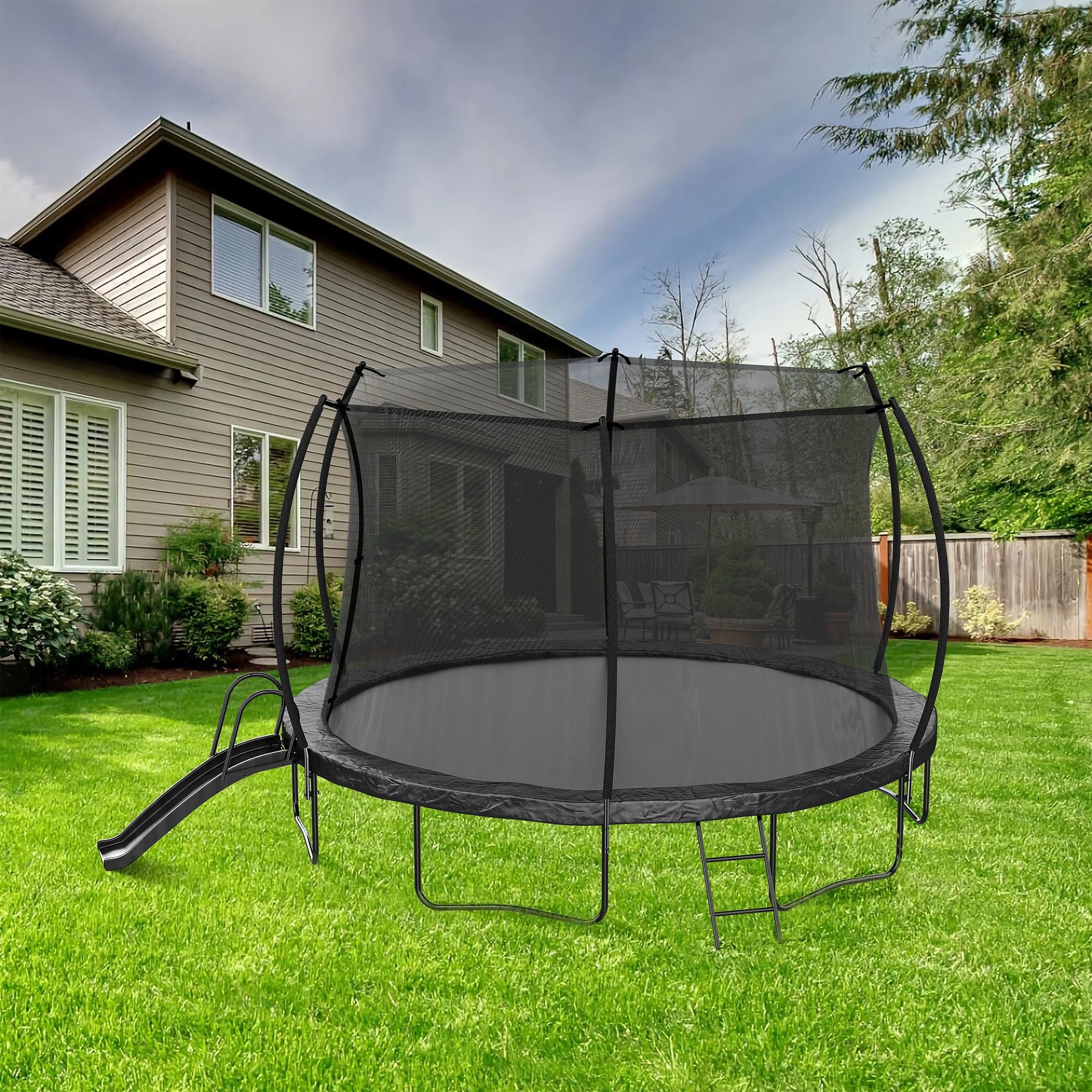 Soges 12FT Trampoline with Slide for Kids and Adults Outdoor Trampoline with Ladder and Safety Enclosure Net Pumpkin Trampoline with Curved Poles
