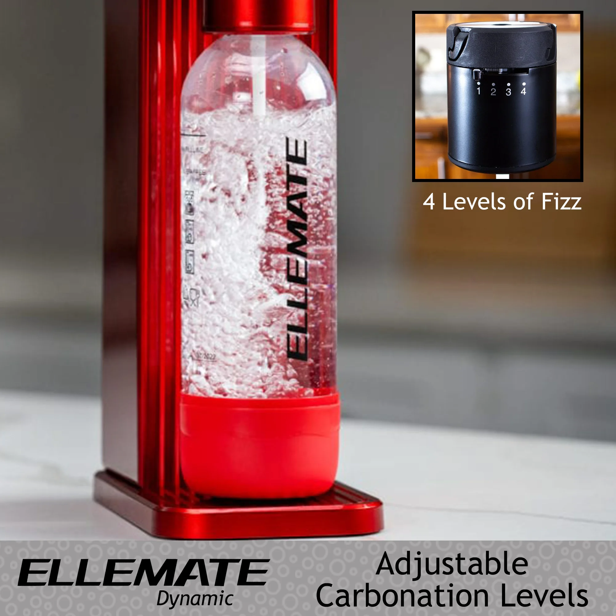 Ellemate Dynamic Carbonated Drink Maker with 2 CO2 Cartridges; Fizz Soda, Water, Wine, Juice and More; Adjustable Carbonation