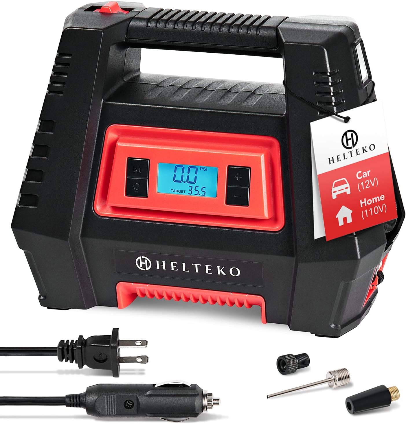 Helteko Air Compressor Tire Inflator AC/DC, Electric Digital Tire Pump for Car 12V and Home 110V, Portable Air Pump with Auto Shut-Off