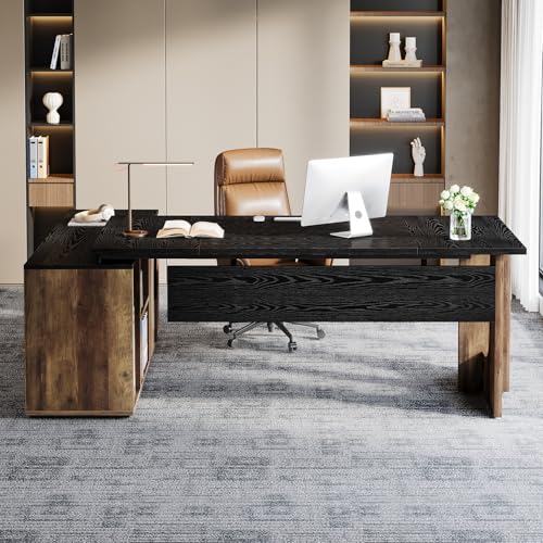Tribesigns 74.8" Executive Desk, Large Office Desk with Cabinet, L Shaped Computer Desk with Shelves and CPU Storage