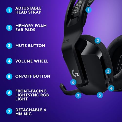 Logitech G733 Lightspeed Wireless Gaming Headset, Suspension Headband, Lightsync RGB, Blue VO!CE Mic, PRO-G Audio – Black, Gaming Headset Wireless