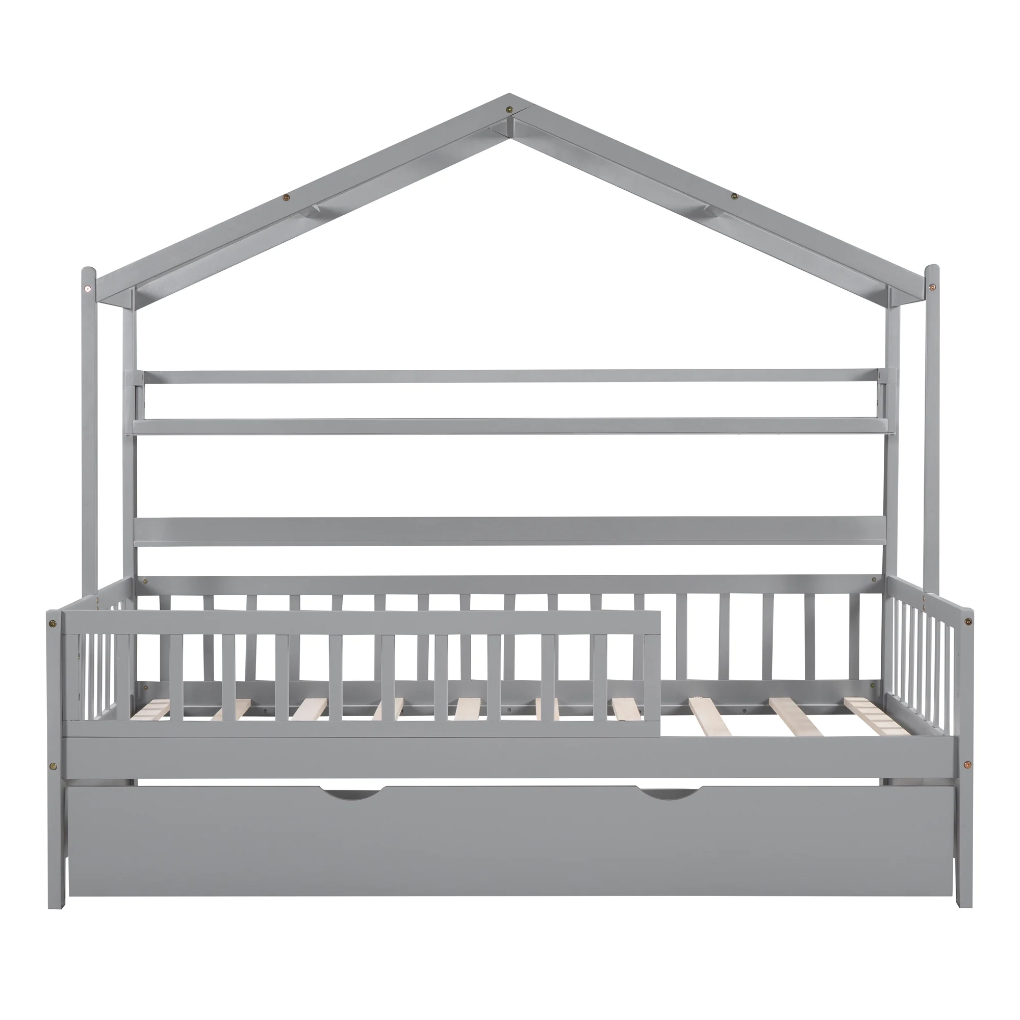 Euroco Wood Twin Size House Bed with Bookcase and Trundle for Kids, Gray