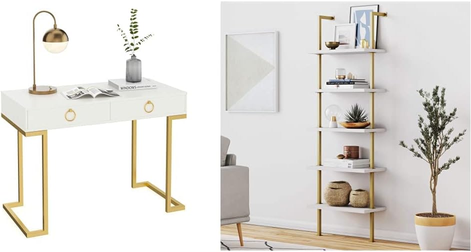 Nathan James Leighton Two-Drawer Writing Glam Accents Brass, 2, White/Gold & Theo 5-Shelf Modern Bookcase
