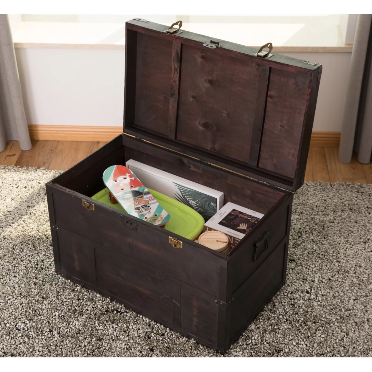 Antique Style Large Dark Wooden Storage Trunk with Lockable Latch