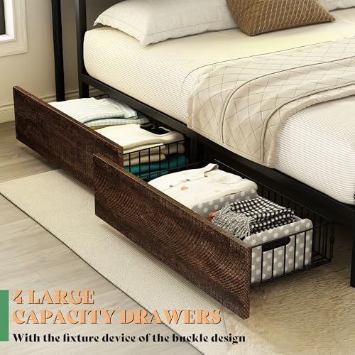 AMERLIFE Full Size Bed Frame with Bookcase Headboard, 4 Storage Drawers, Wooden Platform Bed with Charging Station & LED Light, No Box Spring Needed