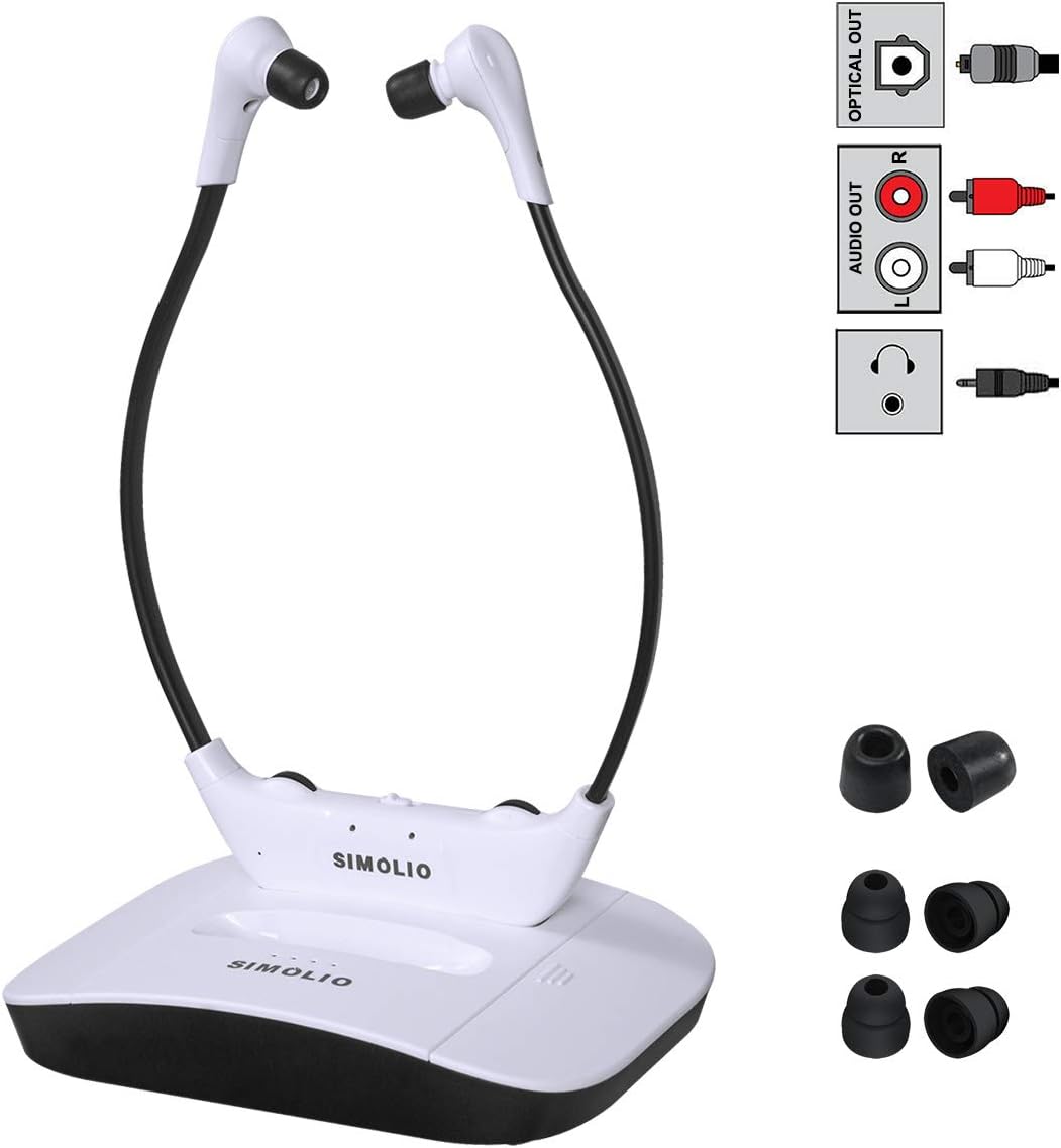 SIMOLIO 2.4G Digital Wireless TV Headsets with Spare Battery, TV Listening Wireless Headphone with Voice Highlighting,Tone & Balance Control
