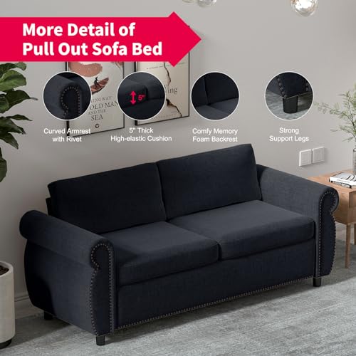 MUZZ Pull Out Sofa Bed, Queen Sleeper Sofa Couch with 4" Thick Memory Foam Mattress, Modern Linen Sectional Loveseat with Rivet Decoration